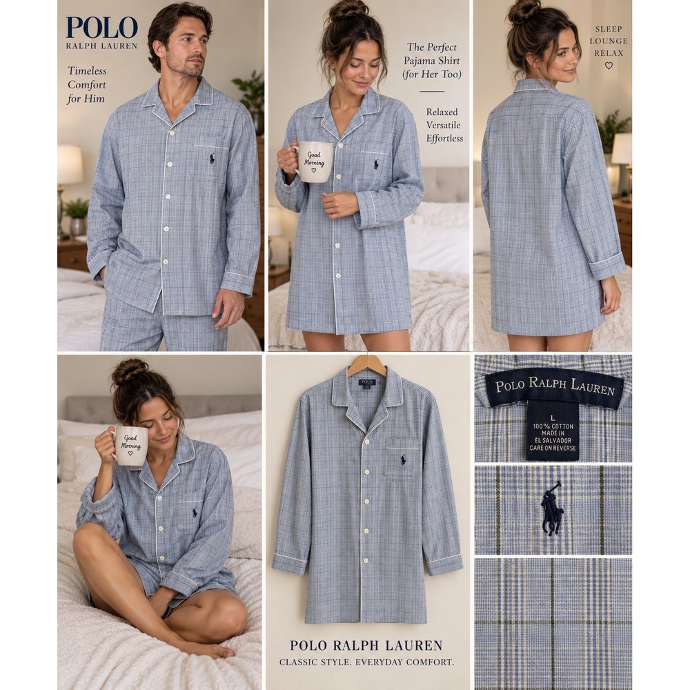 Polo Ralph Lauren Men's Pajama Top L Blue Plaid Cotton Logo Button Long Sleeve